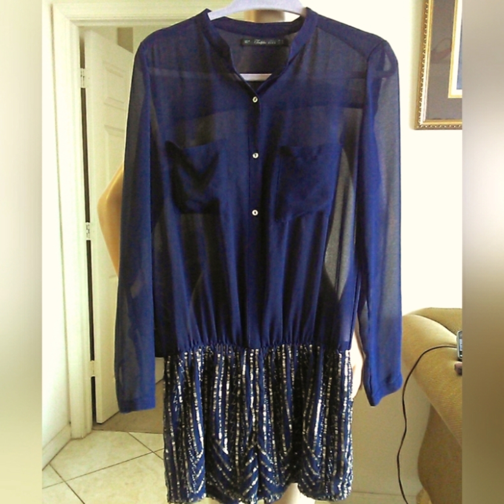 BEAUTIFUL ZARA TRAFALUC ROMPER SHEER & SEXY SZ. MED. NAVY BLUE / SEQUIN SHORTS